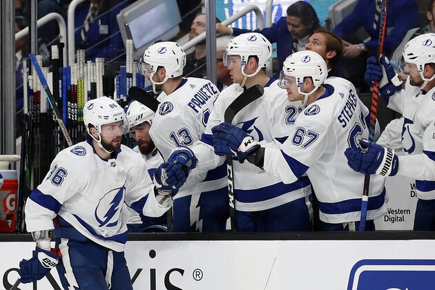 Tampa Bay Lightning right wing Nikita Kucherov (86) celebrates with the bench after scoring a goal during the third period of an NHL hockey game against the San Jose Sharks in San Jose, Calif., Saturday, Feb. 1, 2020. (AP Photo/Josie Lepe)