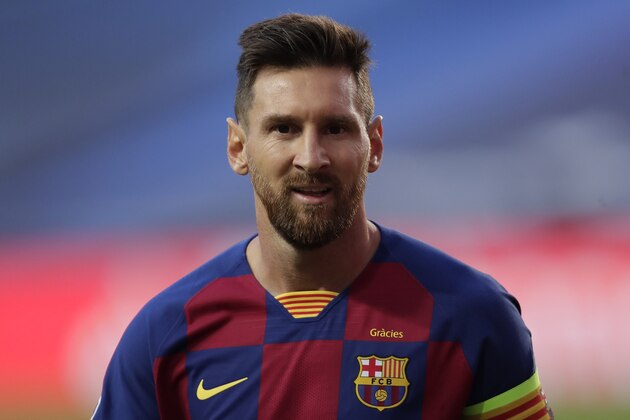 Barcelona's Lionel Messi looks on during the Champions League quarterfinal match between FC Barcelona and Bayern Munich at the Luz stadium in Lisbon, Portugal, Friday, Aug. 14, 2020. (AP Photo/Manu Fernandez/Pool)