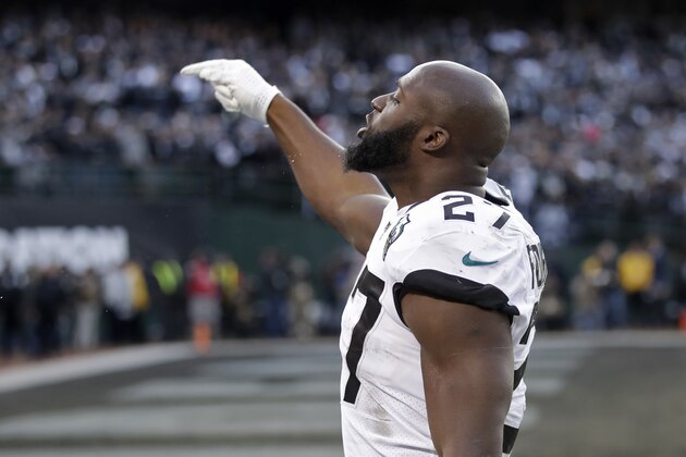 Jacksonville Jaguars running back Leonard Fournette during the second half of an NFL football game in Oakland, Calif., Sunday, Dec. 15, 2019. Jacksonville won the game 20-16. (AP Photo/Ben Margot)