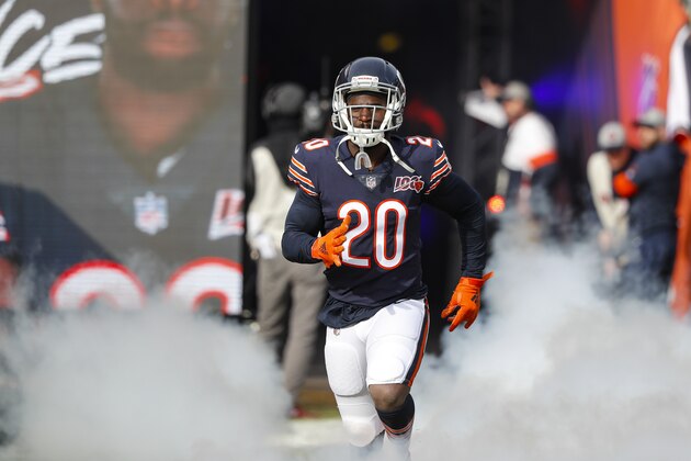 Chicago Bears cornerback Prince Amukamara (20) takes the field an NFL football game against the New York Giants in Chicago, Sunday, Nov. 24, 2019. (AP Photo/Charles Rex Arbogast)