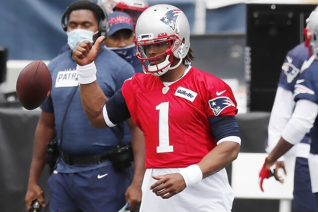 New England Patriots quarterback Cam Newton (1) warms up before an NFL football training camp scrimmage, Friday, Aug. 28, 2020, in Foxborough, Mass. (AP Photo/Michael Dwyer, Pool)