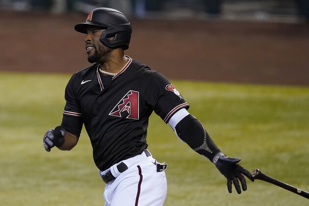 Arizona Diamondbacks Starling Marte hits against the San Diego Padres during the first inning of a baseball game Saturday, Aug. 15, 2020, in Phoenix. (AP Photo/Matt York)