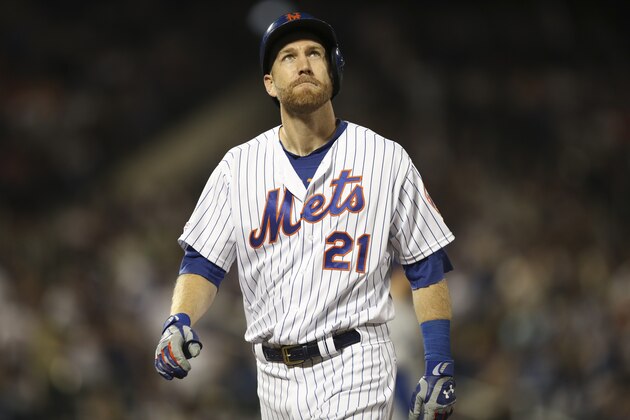 New York Mets' Todd Frazier reacts after line driving out during the fifth inning of a baseball game against the Los Angeles Dodgers, Saturday, Sept. 14, 2019, in New York. (AP Photo/Mary Altaffer)