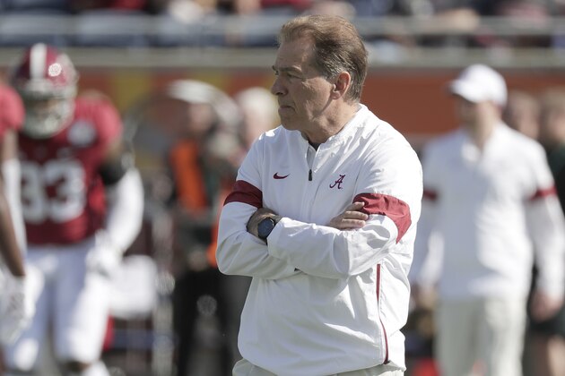 Alabama head coach Nick Saban watches players warm up before the Citrus Bowl NCAA college football game, Wednesday, Jan. 1, 2020, in Orlando, Fla. (AP Photo/John Raoux) Alabama head coach Nick Saban watches players warm up before the Citrus Bowl NCAA college football game, Wednesday, Jan. 1, 2020, in Orlando, Fla. (AP Photo/John Raoux)