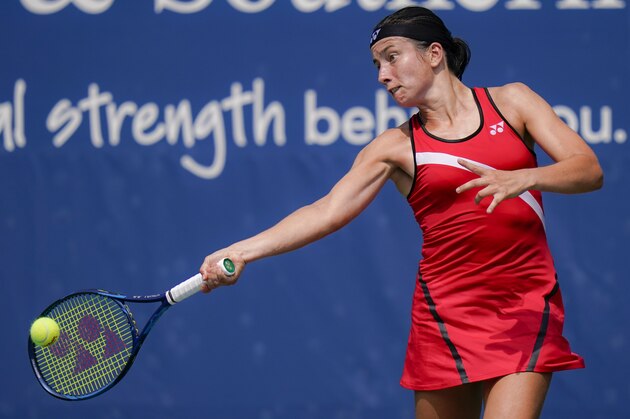 Anastasija Sevastova, of Latvia, returns to Kristina Mladenovic, of France, at the Western & Southern Open tennis tournament, Saturday, Aug. 22, 2020, in New York. (AP Photo/Frank Franklin II)