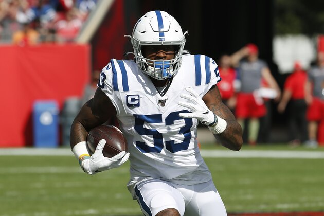 Indianapolis Colts outside linebacker Darius Leonard (53) intercepts a pass by Tampa Bay Buccaneers quarterback Jameis Winston during the first half of an NFL football game Sunday, Dec. 8, 2019, in Tampa, Fla. (AP Photo/Mark LoMoglio)