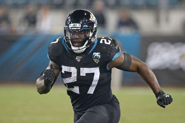 Jacksonville Jaguars running back Leonard Fournette runs a pass pattern against the Los Angeles Chargers during the second half of an NFL football game, Sunday, Dec. 8, 2019, in Jacksonville, Fla. (AP Photo/Stephen B. Morton)