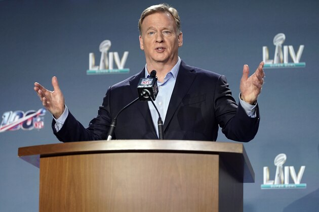 FILE - In this Jan. 29, 2020, file photo, NFL Commissioner Roger Goodell answers a question during a news conference for the NFL Super Bowl 54 football game in Miami. It’s been over three months since the commissioners of major sports cancelled or postponed events because of the coronavirus. Enough time for us to grade them on how they’ve handled the virus so far. (AP Photo/David J. Phillip, File)