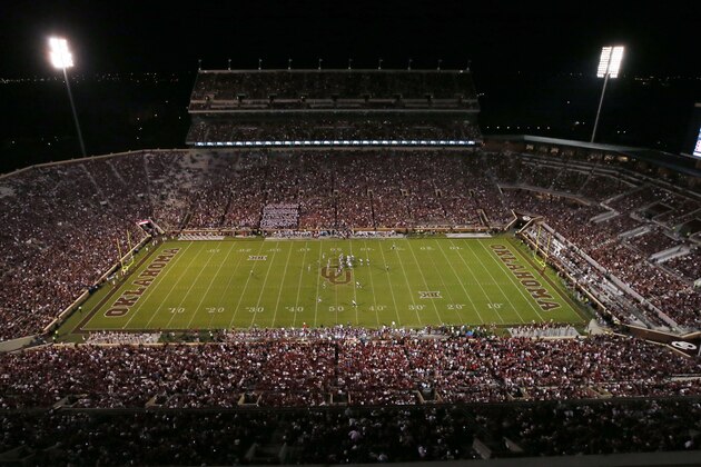 Oklahoma faces Louisiana Monroe in the third quarter of an NCAA college football game in Norman, Okla., during their home opener in their newly renovated stadium, Saturday, Sept. 10, 2016. The south end of the Gaylord Family - Oklahoma Memorial Stadium, at right, has been enclosed and is now a complete bowl. (AP Photo/Sue Ogrocki)