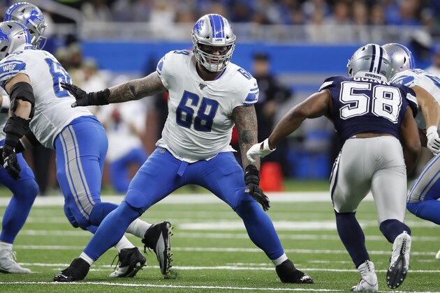 Detroit Lions offensive tackle Taylor Decker (68) sets to block against the Dallas Cowboys during an NFL football game in Detroit, Sunday, Nov. 17, 2019. (Jeff Haynes/AP Images for Panini)