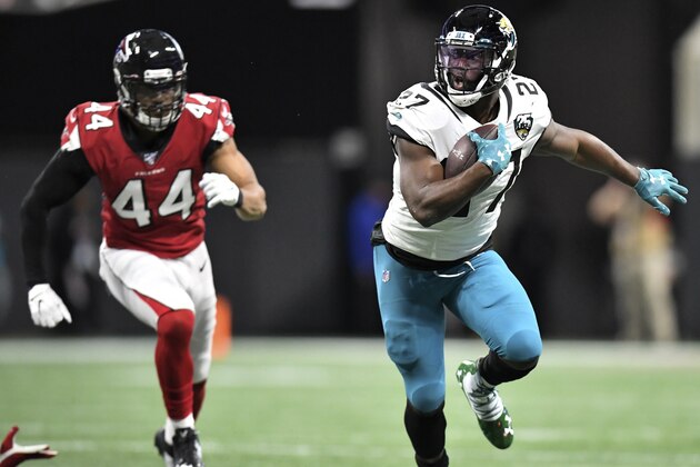 Jacksonville Jaguars running back Leonard Fournette (27) runs against the Atlanta Falcons during the first half of an NFL football game, Sunday, Dec. 22, 2019, in Atlanta. (AP Photo/Danny Karnik) Jacksonville Jaguars running back Leonard Fournette (27) runs against the Atlanta Falcons during the first half of an NFL football game, Sunday, Dec. 22, 2019, in Atlanta. (AP Photo/Danny Karnik)
