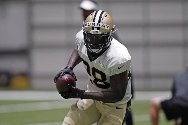 New Orleans Saints running back Latavius Murray (28) catches a pass during practice at their NFL football training facility in Metairie, La., Monday, Aug. 24, 2020. (AP Photo/Gerald Herbert, Pool)