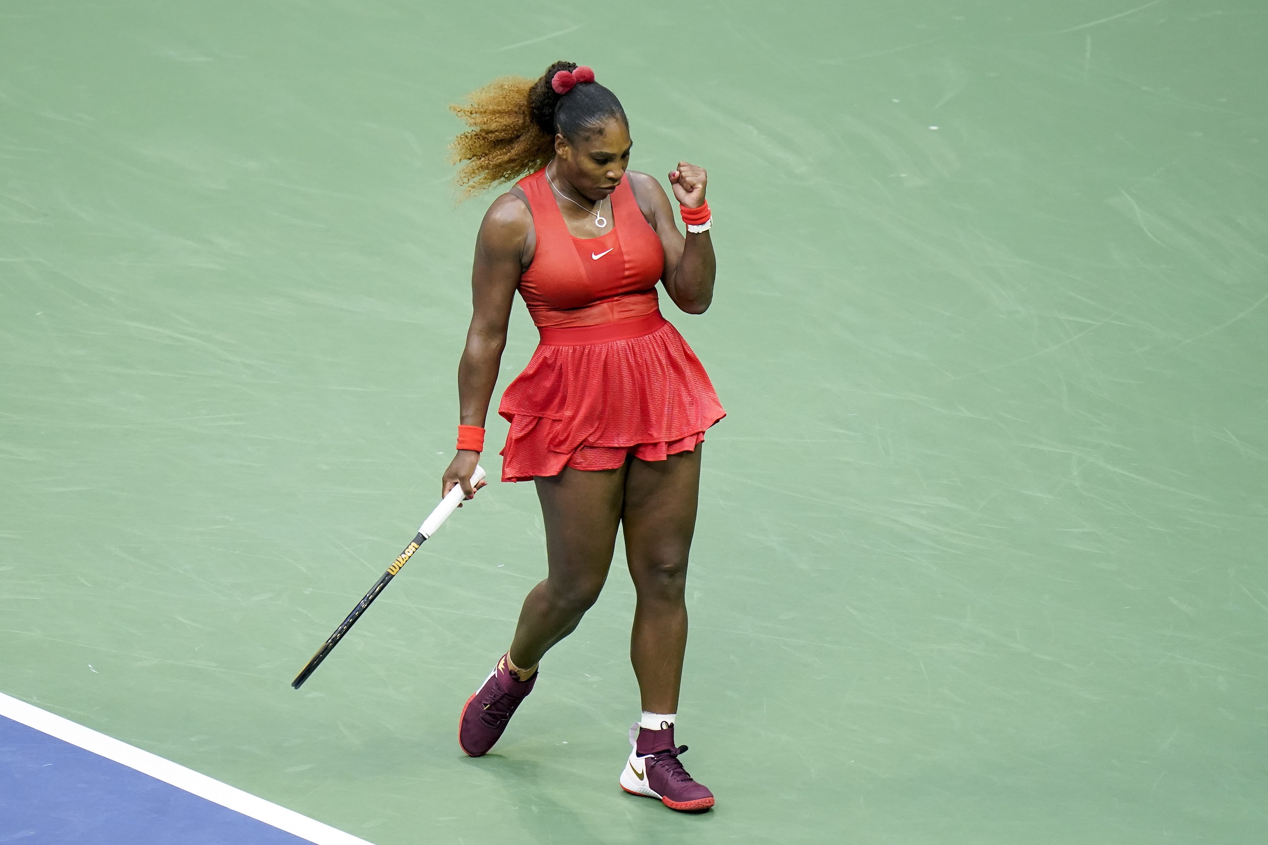 Serena Williams, of the United States, reacts during a match against Kristie Ahn, of the United States, during the first round of the US Open tennis championships, Tuesday, Sept. 1, 2020, in New York. (AP Photo/Seth Wenig) Serena Williams, of the United States, reacts during a match against Kristie Ahn, of the United States, during the first round of the US Open tennis championships, Tuesday, Sept. 1, 2020, in New York. (AP Photo/Seth Wenig)