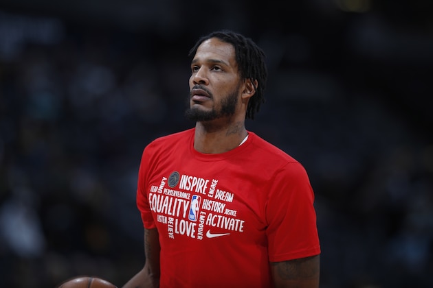 Portland Trail Blazers forward Trevor Ariza (8) in the first half of an NBA basketball game Tuesday, Feb. 4, 2020, in Denver. (AP Photo/David Zalubowski)