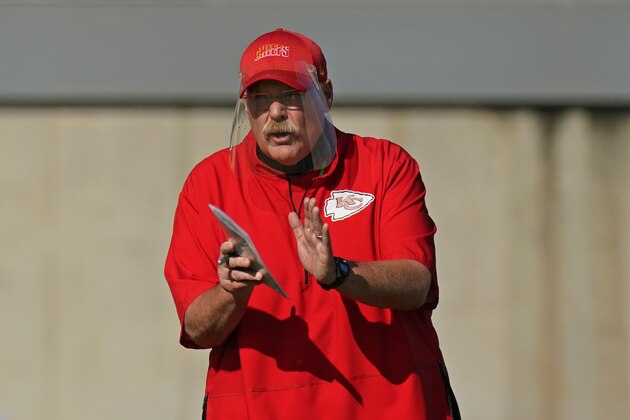 Kansas City Chiefs head coach Andy Reid watches a drill during an NFL football training camp Saturday, Aug. 15, 2020, in Kansas City, Mo. (AP Photo/Charlie Riedel)