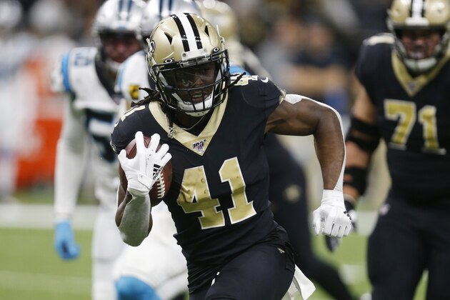 New Orleans Saints running back Alvin Kamara (41) runs the football, during the second half at an NFL football game against the Carolina Panthers, Sunday, Nov. 24, 2019, in New Orleans. (AP Photo/Butch Dill)