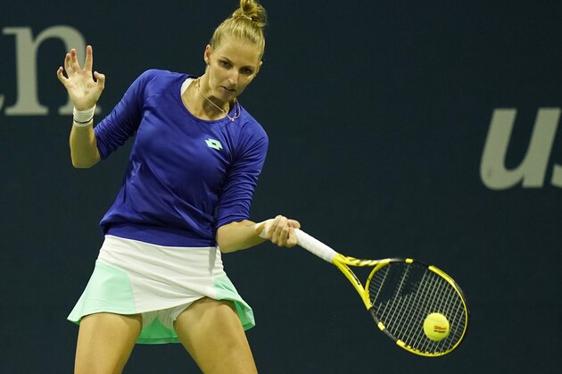Karolina Pliskova, of the Czech Republic, returns a shot to Donna Vekic, of Croatia, during the first round of the U.S. Open tennis championships, Tuesday, Sept. 1, 2020, in New York. (AP Photo/Frank Franklin II)