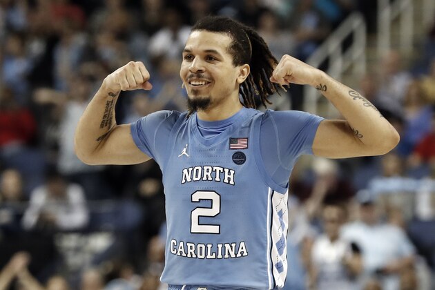 North Carolina guard Cole Anthony (2) reacts during the second half of an NCAA college basketball game against Virginia Tech at the Atlantic Coast Conference tournament in Greensboro, N.C., Tuesday, March 10, 2020. (AP Photo/Gerry Broome)