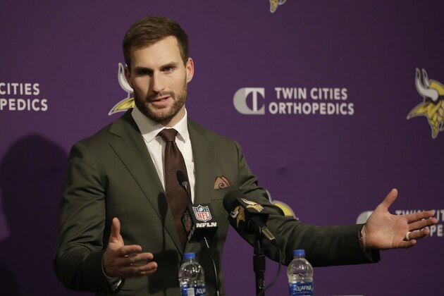 Minnesota Vikings quarterback Kirk Cousins speaks at a news conference after the Vikings were defeated by the San Francisco 49ers in an NFL divisional playoff football game, Saturday, Jan. 11, 2020, in Santa Clara, Calif. (AP Photo/Marcio Jose Sanchez)