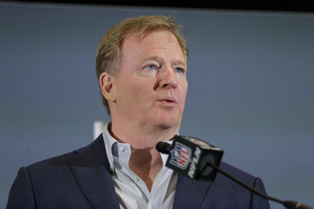 FILE - In this Feb. 3, 2020 file photo NFL Commissioner Roger Goodell speaks during a news conference in Miami. The NFL has set protocols for reopening team facilities and has told the 32 teams to have them in place by May 15. In a memo sent by Goodell and obtained Wednesday, May 6, 2020 by The Associated Press, several phases of the protocols were laid out. The first phase would involve a limited number of non-player personnel, initially 50 percent of the non-player employees (up to a total of 75) on any single day, being approved to be at the facility. But state or local regulations could require a lower number. (AP Photo/Brynn Anderson, file)