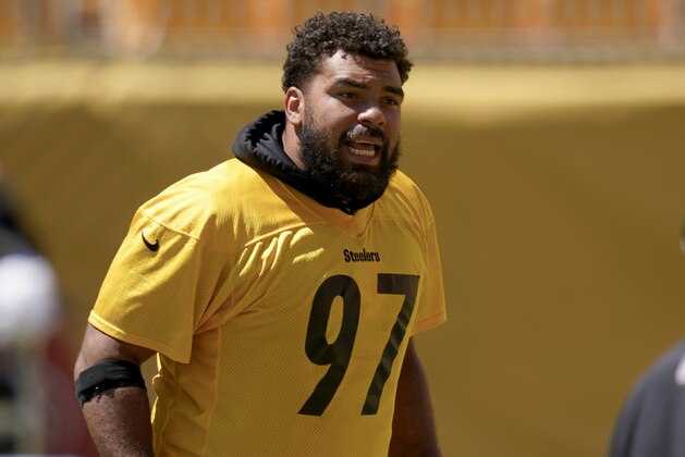 Pittsburgh Steelers defensive tackle Cameron Heyward (97) during practice at NFL football training camp in Pittsburgh, Wednesday, Aug. 19, 2020. (AP Photo/Keith Srakocic)