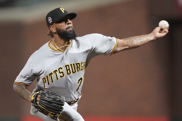 Pittsburgh Pirates pitcher Felipe Vazquez throws to a San Francisco Giants batter during the ninth inning of a baseball game Wednesday, Sept. 11, 2019, in San Francisco. The Pirates won 6-3. (AP Photo/Tony Avelar) Pittsburgh Pirates pitcher Felipe Vazquez throws to a San Francisco Giants batter during the ninth inning of a baseball game Wednesday, Sept. 11, 2019, in San Francisco. The Pirates won 6-3. (AP Photo/Tony Avelar)