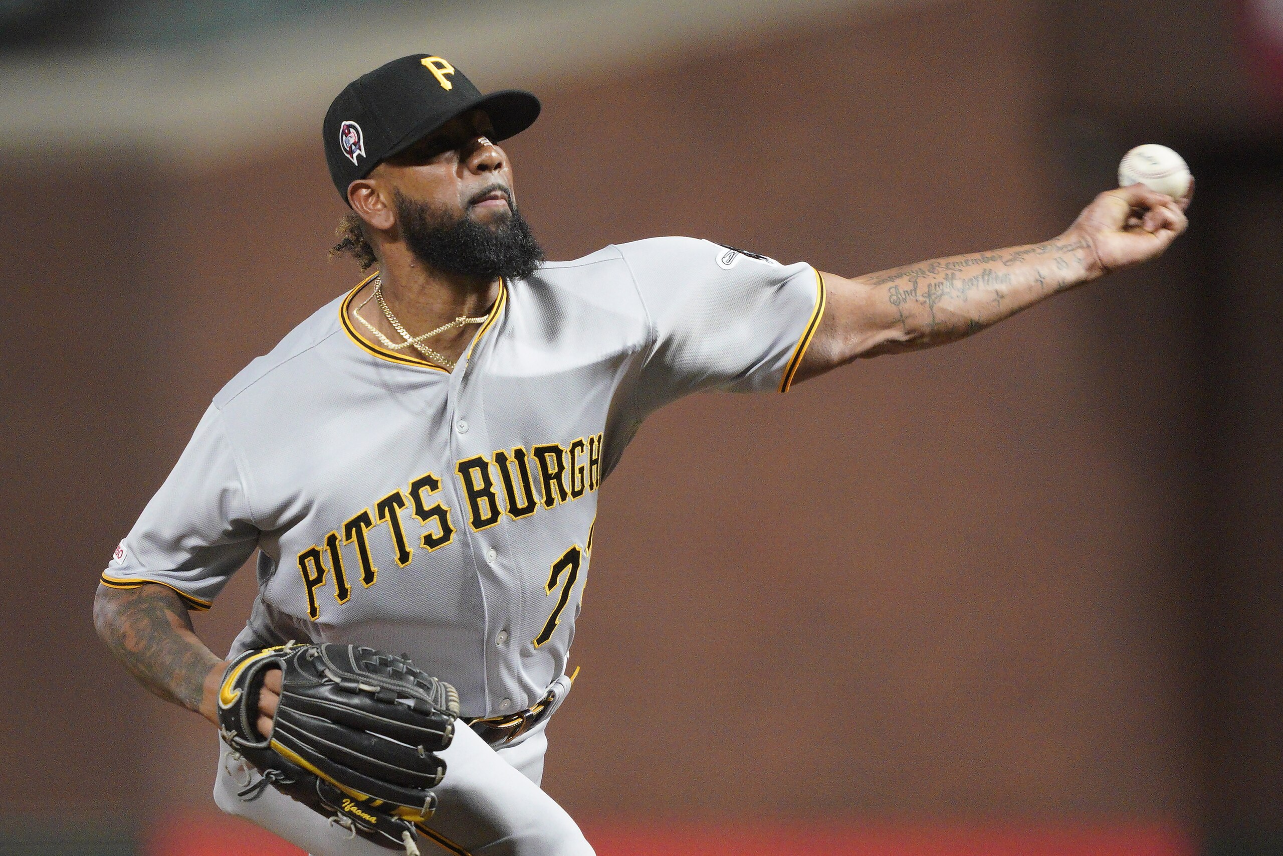 Pittsburgh Pirates pitcher Felipe Vazquez throws to a San Francisco Giants batter during the ninth inning of a baseball game Wednesday, Sept. 11, 2019, in San Francisco. The Pirates won 6-3. (AP Photo/Tony Avelar)