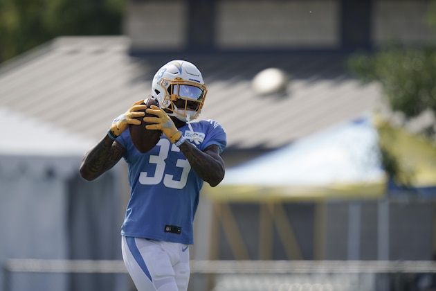 Los Angeles Chargers safety Derwin James makes a catch during an NFL football camp practice, Tuesday, Aug. 18, 2020, in Costa Mesa, Calif. (AP Photo/Jae C. Hong)