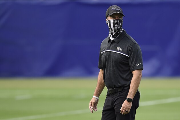 Baltimore Ravens coach John Harbaugh watches during the NFL football team's training camp Saturday, Aug. 29, 2020, in Baltimore. (AP Photo/Gail Burton)
