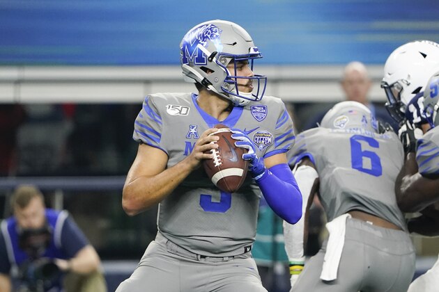 Memphis quarterback Brady White (3) looks to pass against Penn State during the first half in the NCAA Cotton Bowl college football game, Saturday, Dec. 28, 2019, in Arlington, Texas. (AP Photo/Jim Cowsert) Memphis quarterback Brady White (3) looks to pass against Penn State during the first half in the NCAA Cotton Bowl college football game, Saturday, Dec. 28, 2019, in Arlington, Texas. (AP Photo/Jim Cowsert)