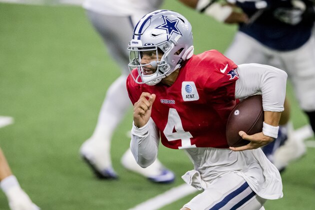 Dallas Cowboys quarterback Dak Prescott carries the ball during an NFL football training camp practice at The Star, Friday, Aug. 28, 2020, in Frisco, Texas. (AP Photo/Brandon Wade)