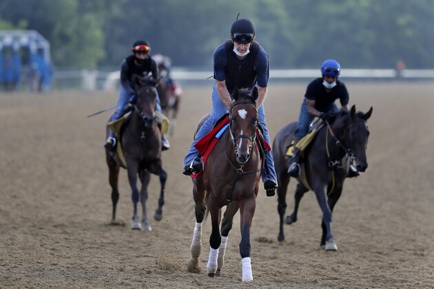 Tap It to Win, center, works out at Belmont Park in Elmont, N.Y., Friday, June 19, 2020. The Belmont Stakes is scheduled to run on Saturday. (AP Photo/Seth Wenig)