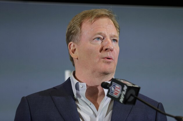 FILE - In this Feb. 3, 2020 file photo NFL Commissioner Roger Goodell speaks during a news conference in Miami. The NFL has set protocols for reopening team facilities and has told the 32 teams to have them in place by May 15. In a memo sent by Goodell and obtained Wednesday, May 6, 2020 by The Associated Press, several phases of the protocols were laid out. The first phase would involve a limited number of non-player personnel, initially 50 percent of the non-player employees (up to a total of 75) on any single day, being approved to be at the facility. But state or local regulations could require a lower number. (AP Photo/Brynn Anderson, file)