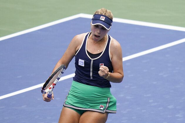 Sofia Kenin, of the United States, reacts during a match against Yanina Wickmayer, of Belgium, during the first round of the US Open tennis championships, Tuesday, Sept. 1, 2020, in New York. (AP Photo/Seth Wenig)