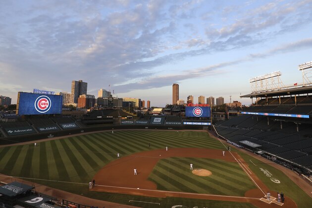 Wrigley Field before the first pitch of a baseball game between the Chicago White Sox and the Chicago Cubs Saturday, Aug. 22, 2020, in Chicago. The White Sox won 7-4. (AP Photo/Jeff Haynes)