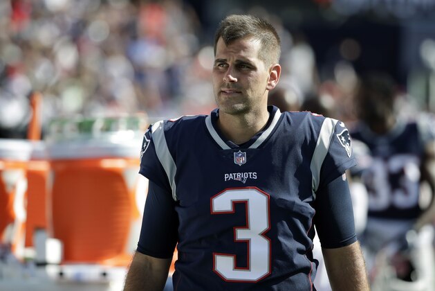 New England Patriots kicker Stephen Gostkowski watches from the sideline in the second half of an NFL football game against the New York Jets, Sunday, Sept. 22, 2019, in Foxborough, Mass. (AP Photo/Elise Amendola)