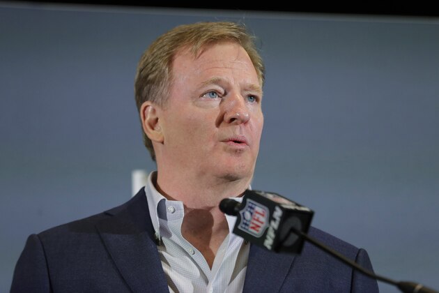 FILE - In this Feb. 3, 2020 file photo NFL Commissioner Roger Goodell speaks during a news conference in Miami. The NFL has set protocols for reopening team facilities and has told the 32 teams to have them in place by May 15. In a memo sent by Goodell and obtained Wednesday, May 6, 2020 by The Associated Press, several phases of the protocols were laid out. The first phase would involve a limited number of non-player personnel, initially 50 percent of the non-player employees (up to a total of 75) on any single day, being approved to be at the facility. But state or local regulations could require a lower number. (AP Photo/Brynn Anderson, file)