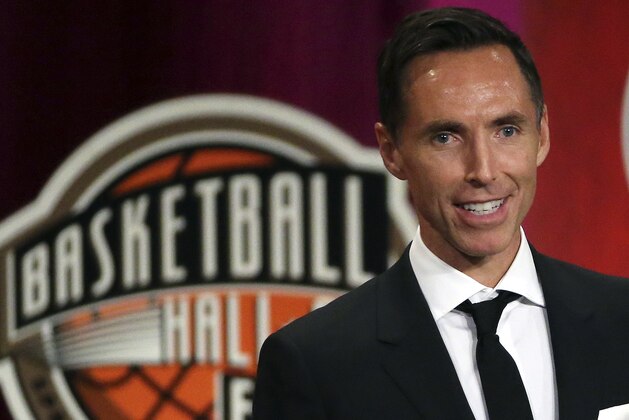 FILE - In this Sept. 7, 2018, file photo, Steve Nash speaks during induction ceremonies at the Basketball Hall of Fame, in Springfield, Mass. Nash is about to take on an expanded role in his second year with Turner Sports.  The network announced on Tuesday, Aug. 6, 2019, that Nash is returning to B/R Football’s UEFA Champions League broadcasts on TNT and B/R Live. He will also be a contributor to TNT’s NBA coverage when the upcoming season begins in October. (AP Photo/Elise Amendola, File)