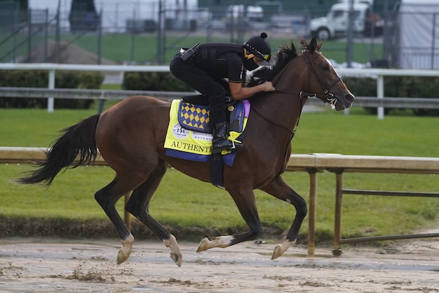 Kentucky Derby entry Authentic runs during a workout at Churchill Downs, Wednesday, Sept. 2, 2020, in Louisville, Ky. The 146th running of the Kentucky Derby is scheduled for Saturday, Sept. 5th. (AP Photo/Darron Cummings)