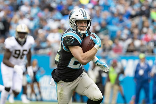 Carolina Panthers running back Christian McCaffrey (22) running with the ball against the New Orleans Saints during an NFL game in Charlotte, N.C. on Sunday, Dec. 29, 2019. (Chris Keane/AP Images for Panini)