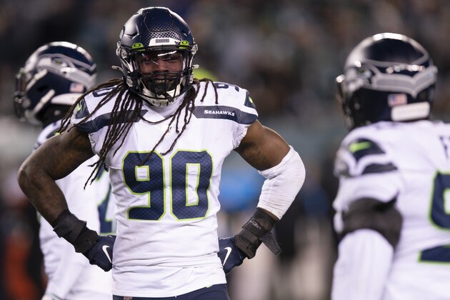 Seattle Seahawks defensive end Jadeveon Clowney (90) looks on during an NFL wild-card playoff football game against the Philadelphia Eagles, Sunday, Jan. 5, 2020, in Philadelphia. Seattle won 17-9. (AP Photo/Chris Szagola)