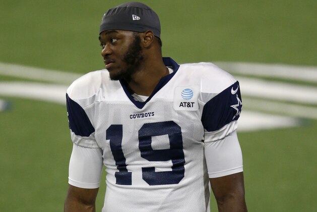 Dallas Cowboys wide receiver Amari Cooper (19) runs with he ball during an NFL football training camp in Frisco, Texas, Sunday, Sept. 23, 2020. (AP Photo/Michael Ainsworth)