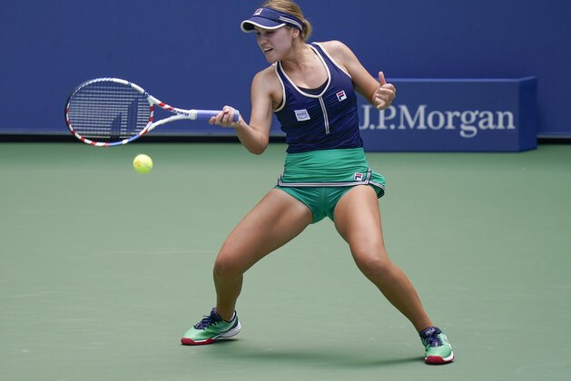 Sofia Kenin, of the United States, returns a shot to Leylah Fernandez, of Canada, during the second round of the US Open tennis championships, Thursday, Sept. 3, 2020, in New York. (AP Photo/Seth Wenig)