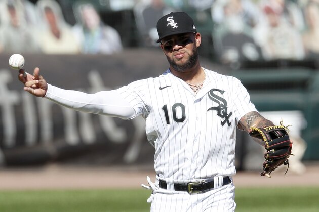Chicago White Sox's Yoan Moncada makes a throw to first against the Detroit Tigers Thursday, Aug. 20, 2020, in Chicago. The White Sox won the game 9-0. (AP Photo/Jeff Haynes)