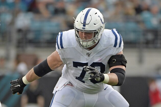 Indianapolis Colts center Ryan Kelly prepares to block during the first half of an NFL football game against the Jacksonville Jaguars, Sunday, Dec. 29, 2019, in Jacksonville, Fla. (AP Photo/Phelan M. Ebenhack)