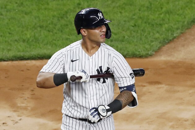 New York Yankees' Gleyber Torres reacts after he struck out looking during the second inning of the team's baseball game against the Atlanta Braves, Wednesday, Aug. 12, 2020, in New York. (AP Photo/Kathy Willens)