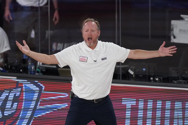 Milwaukee Bucks head coach Mike Budenholzer reacts during the second half of an NBA conference semifinal playoff basketball game against the Miami Heat Wednesday, Sept. 2, 2020, in Lake Buena Vista, Fla. (AP Photo/Mark J. Terrill)