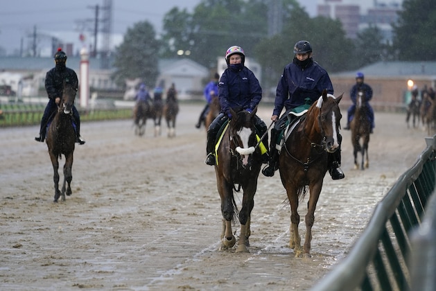 Kentucky Derby entry Tiz the Law is lead off the track following a workout at Churchill Downs, Thursday, Sept. 3, 2020, in Louisville, Ky. The Kentucky Derby is scheduled for Saturday, Sept. 5th. (AP Photo/Darron Cummings)
