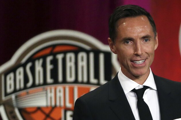 FILE - In this Sept. 7, 2018, file photo, Steve Nash speaks during induction ceremonies at the Basketball Hall of Fame, in Springfield, Mass. The Brooklyn Nets hired Steve Nash as their coach Thursday, Sept. 3, 2020, putting the Hall of Fame point guard in charge of the team that hopes to have Kevin Durant and Kyrie Irving together next season. (AP Photo/Elise Amendola, File)