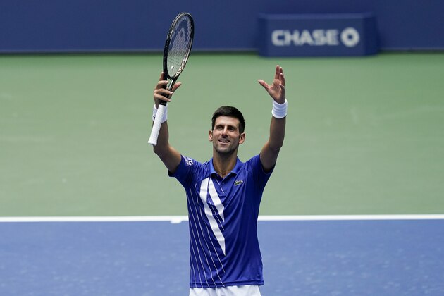Novak Djokovic, of Serbia, reacts after defeating Kyle Edmund, of Great Britain, during the second round of the US Open tennis championships, Wednesday, Sept. 2, 2020, in New York. (AP Photo/Seth Wenig) Novak Djokovic, of Serbia, reacts after defeating Kyle Edmund, of Great Britain, during the second round of the US Open tennis championships, Wednesday, Sept. 2, 2020, in New York. (AP Photo/Seth Wenig)